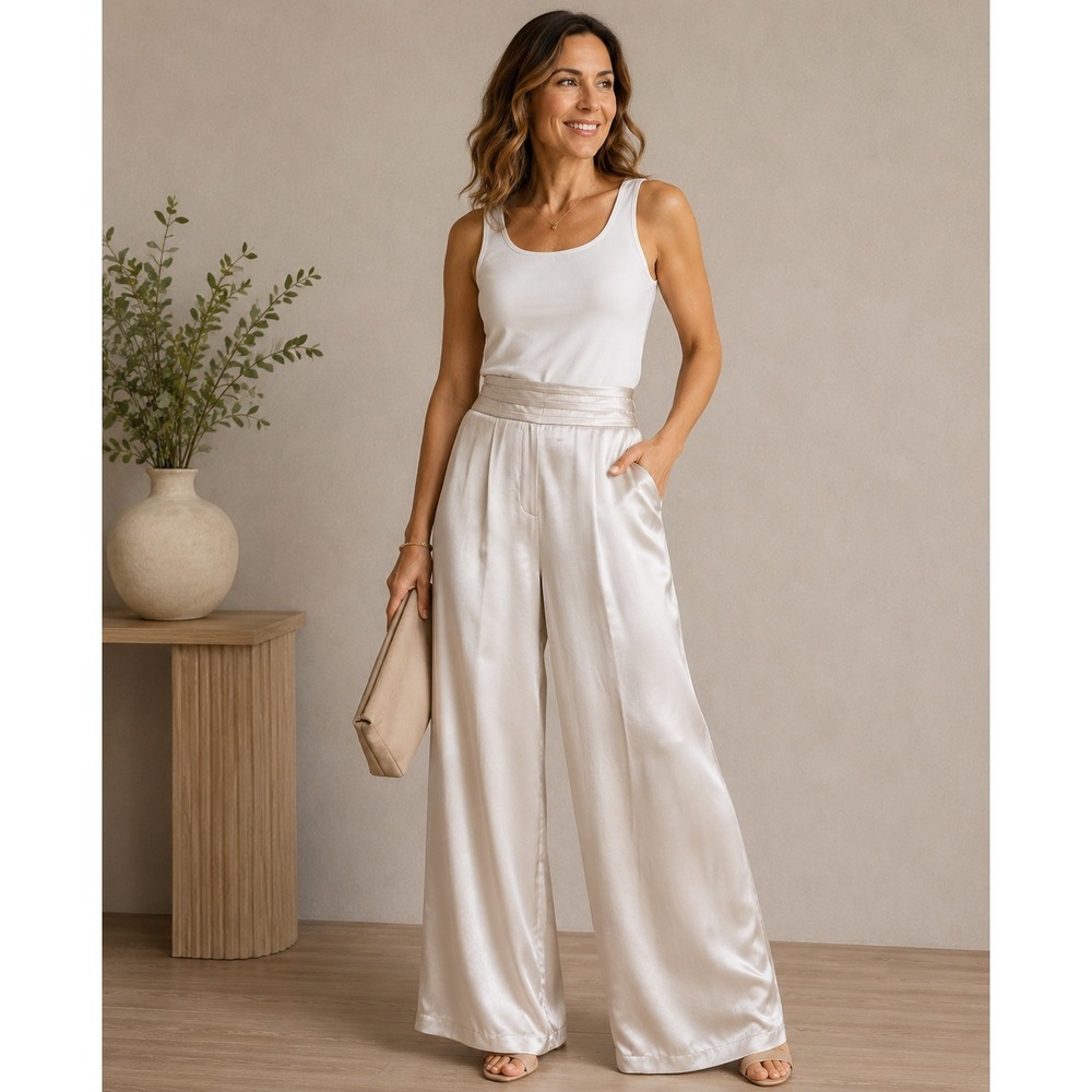 RAMY BROOK Pants NEW Size 8 Full Length Joss Pant Satin Wide‎ Leg Trousers Beige